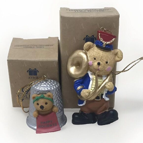 Avon Bear Christmas Ornaments Marching Band Tuba & Thimble Vintage 90s Holiday - Picture 1 of 9